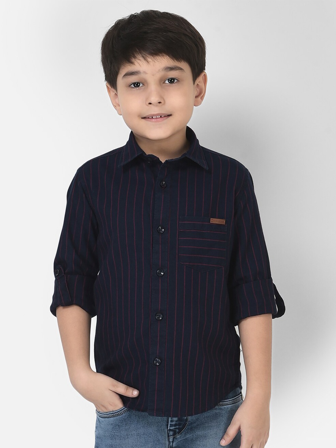 

Crimsoune Club Boys Navy Blue Comfort Striped Pure Cotton Casual Shirt