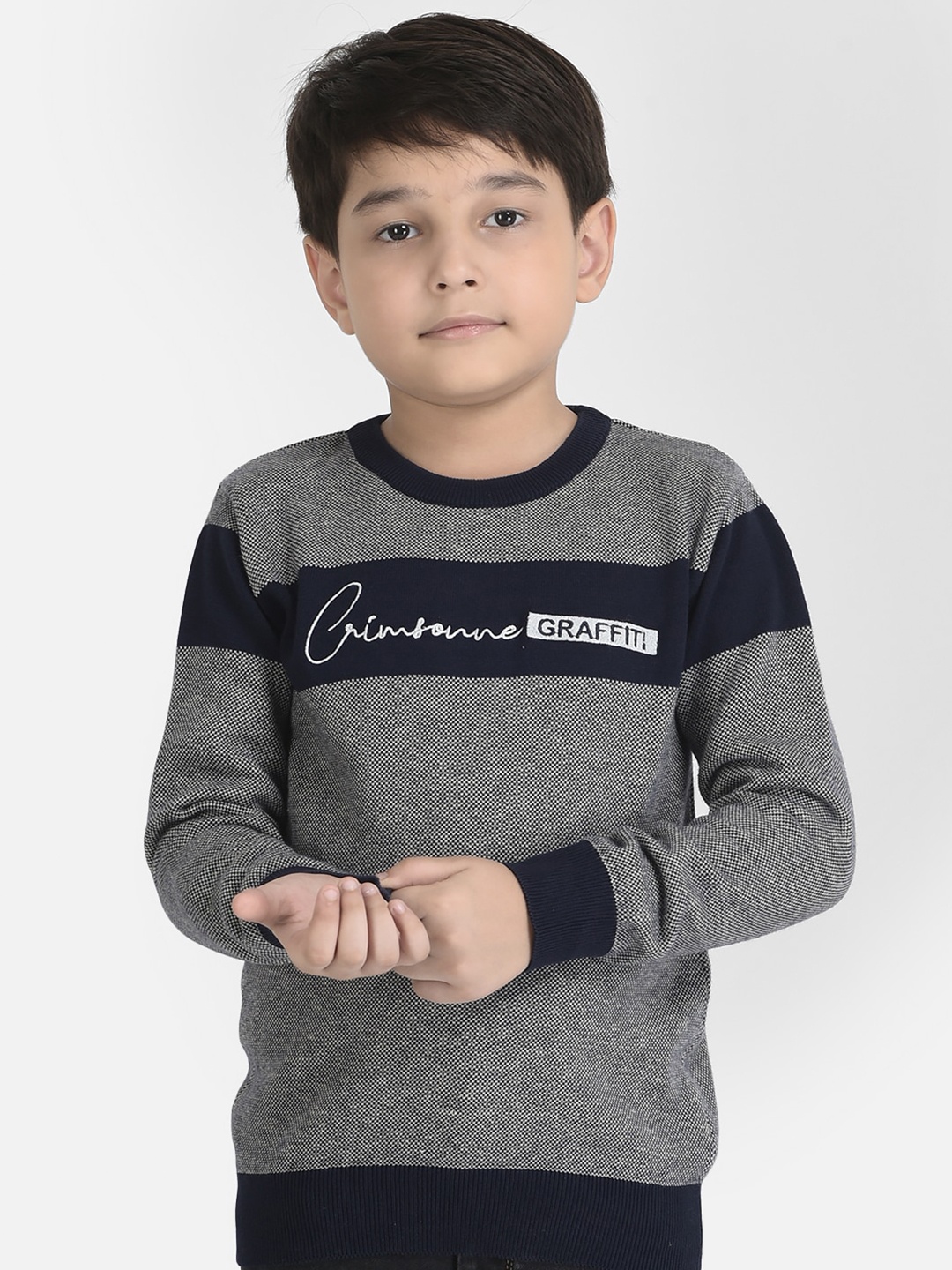 

Crimsoune Club Boys Grey & Navy Blue Cotton Colourblocked Pullover