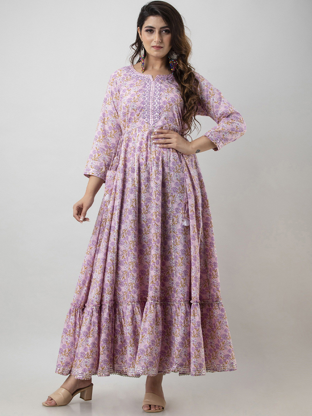 

SKY SHOPPIE Women Purple Floral Printed Mirror Work Anarkali Cotton Kurta