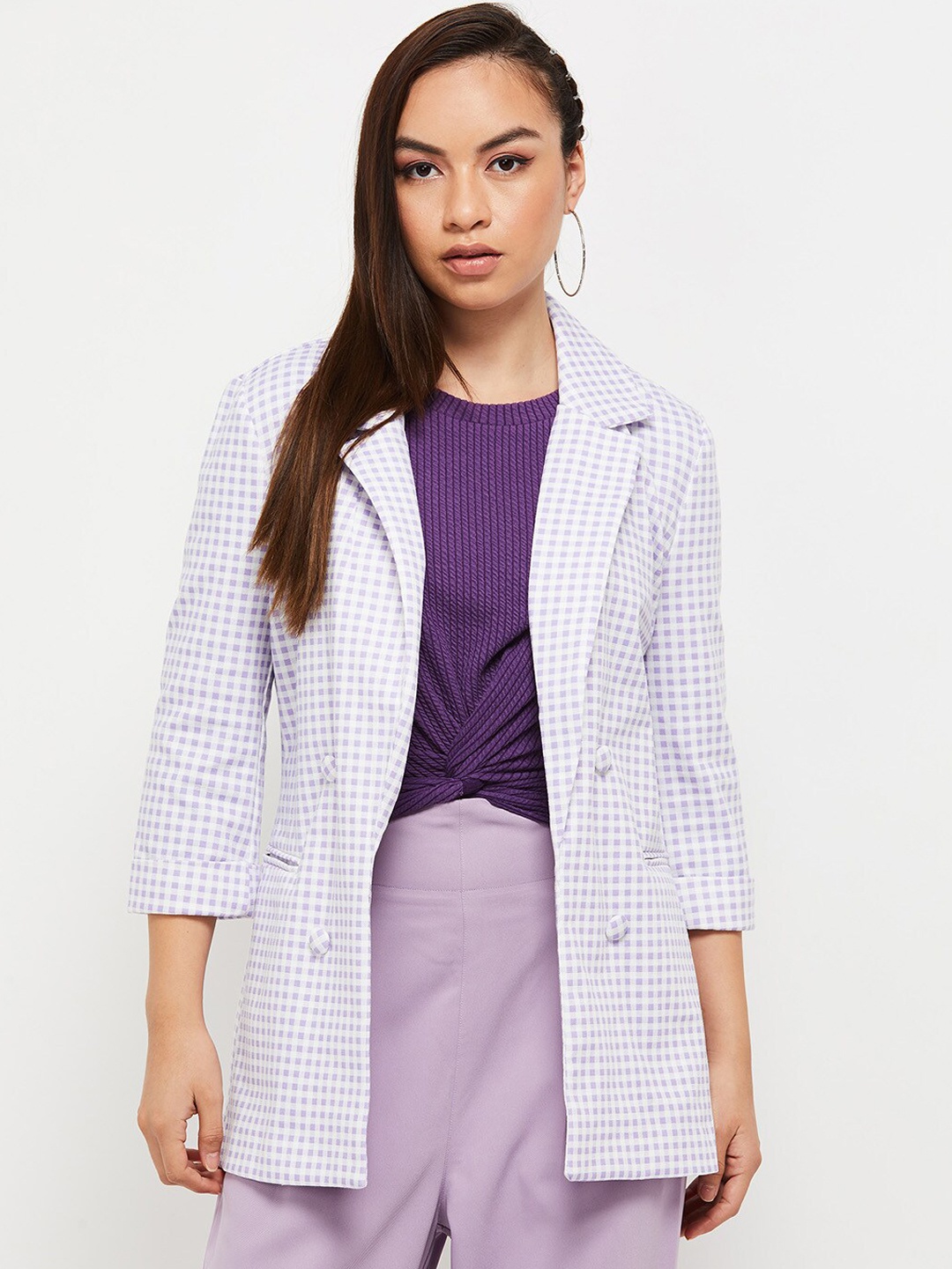 

max Women Lavender White Checked Windcheater Longline Open Front Jacket