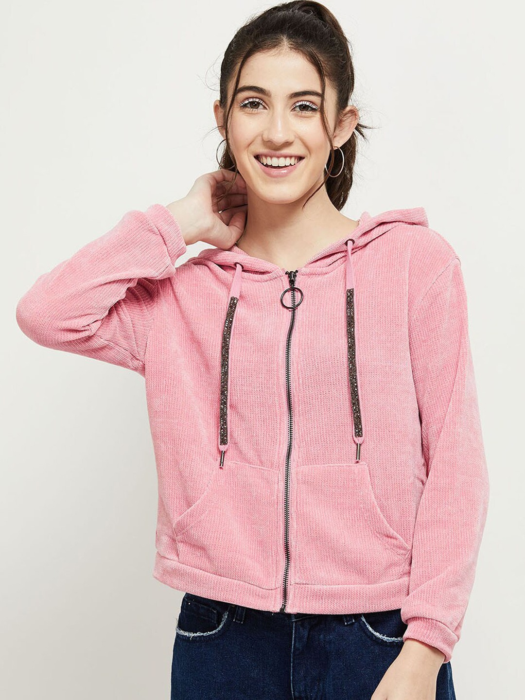 

max Women Pink Solid Hooded Tailored Jacket