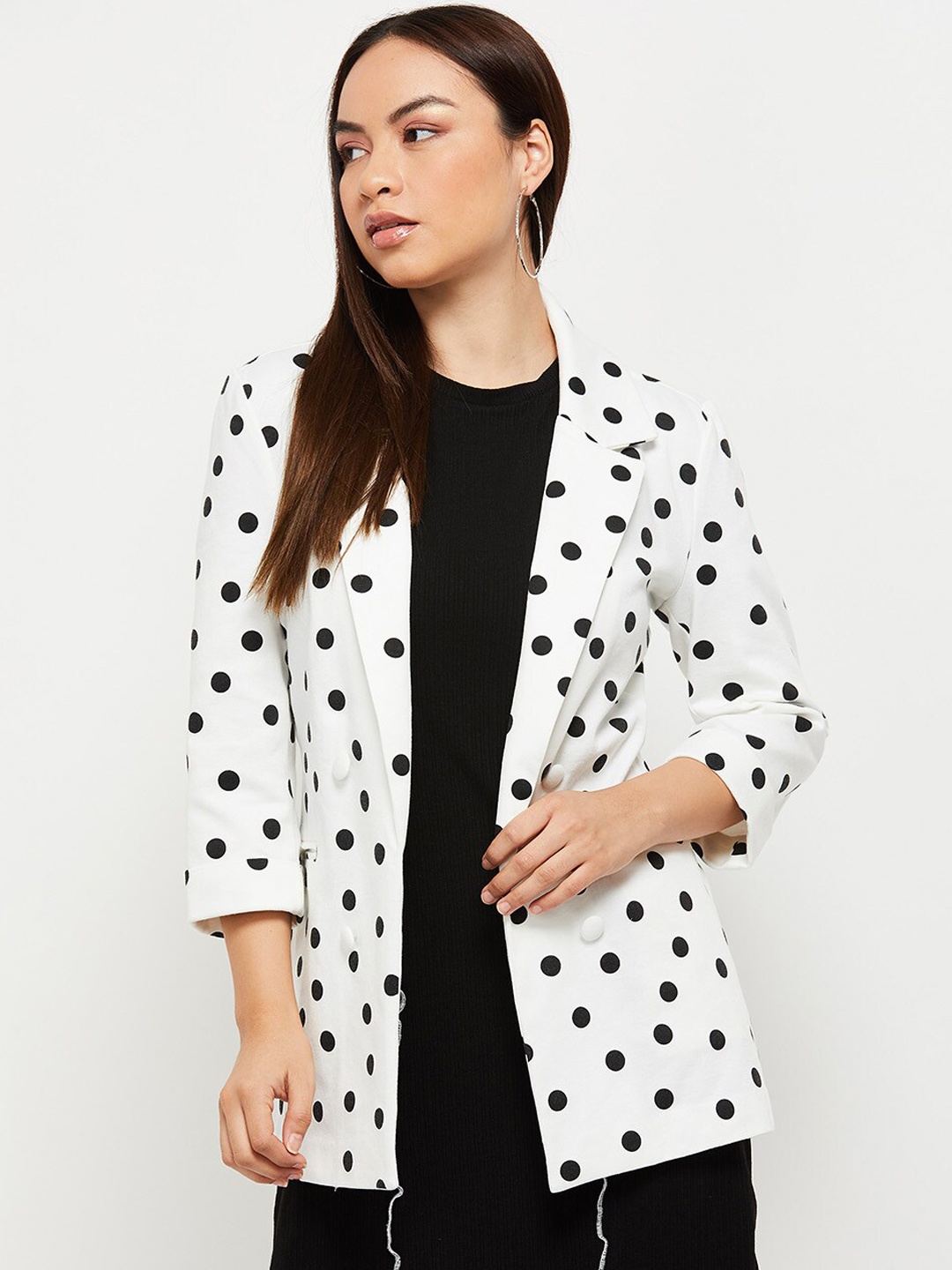 

max Women White Polka Dots Windcheater Longline Open Front Jacket