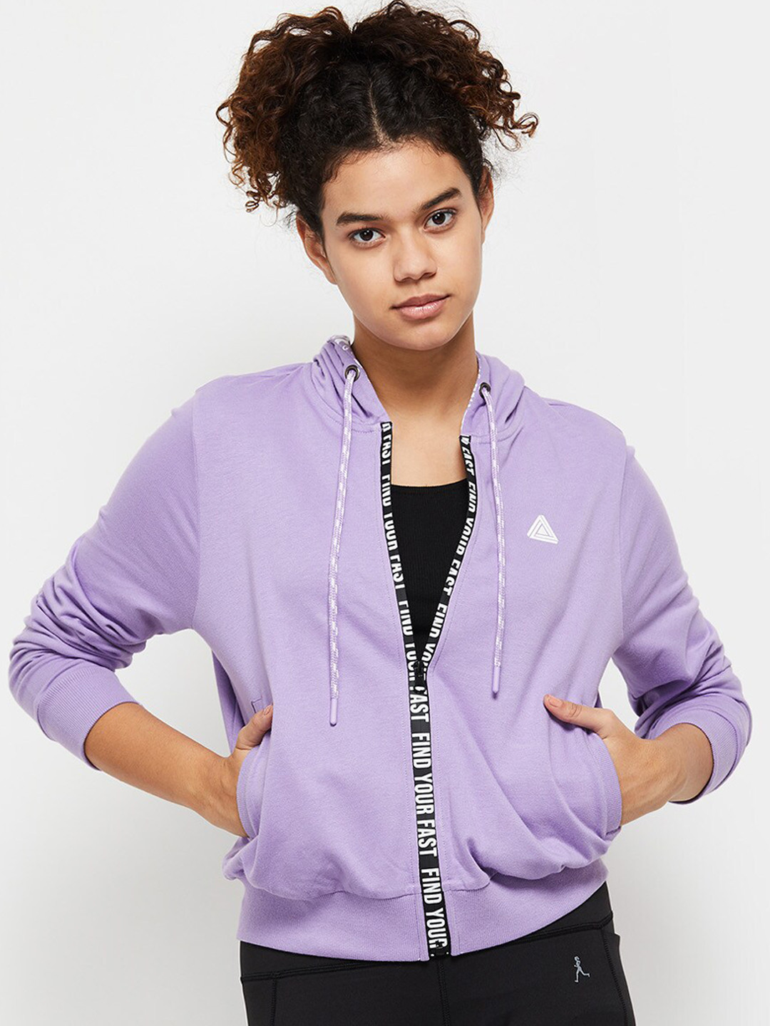 

max Women Purple & Black Printed Cotton Hooded Bomber Jacket