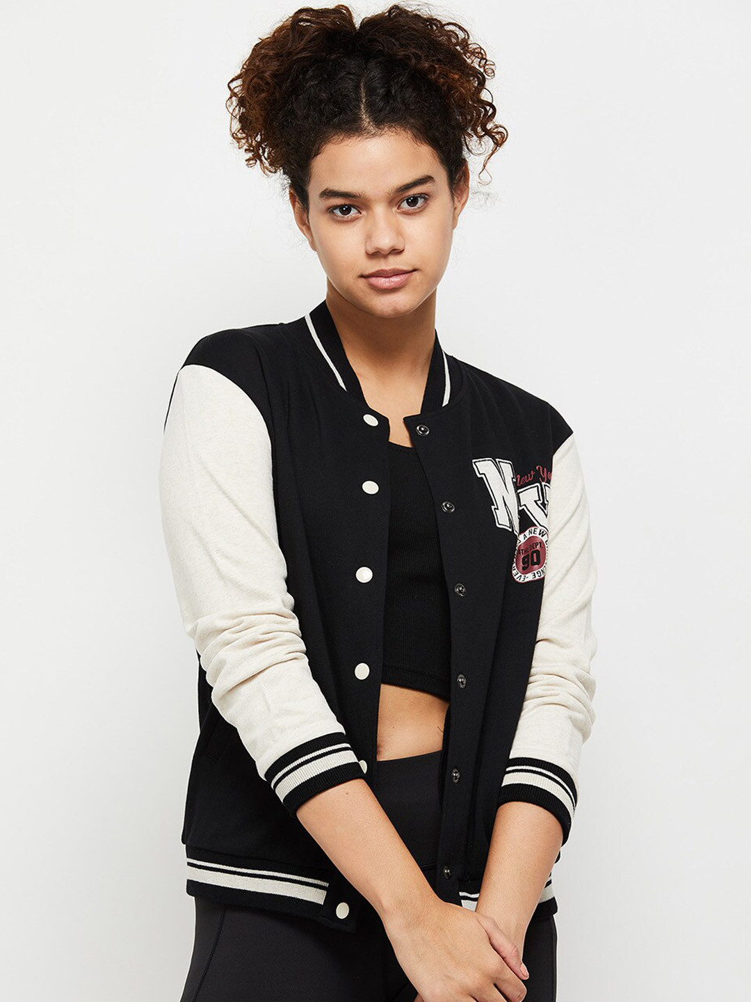 

max Women Black Windcheater Crop Cotton Bomber with Patchwork Jacket