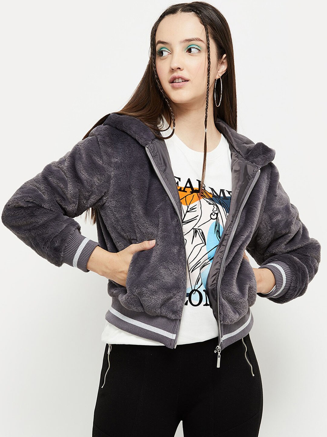 

max Women Grey Windcheater Crop Open Front Jacket