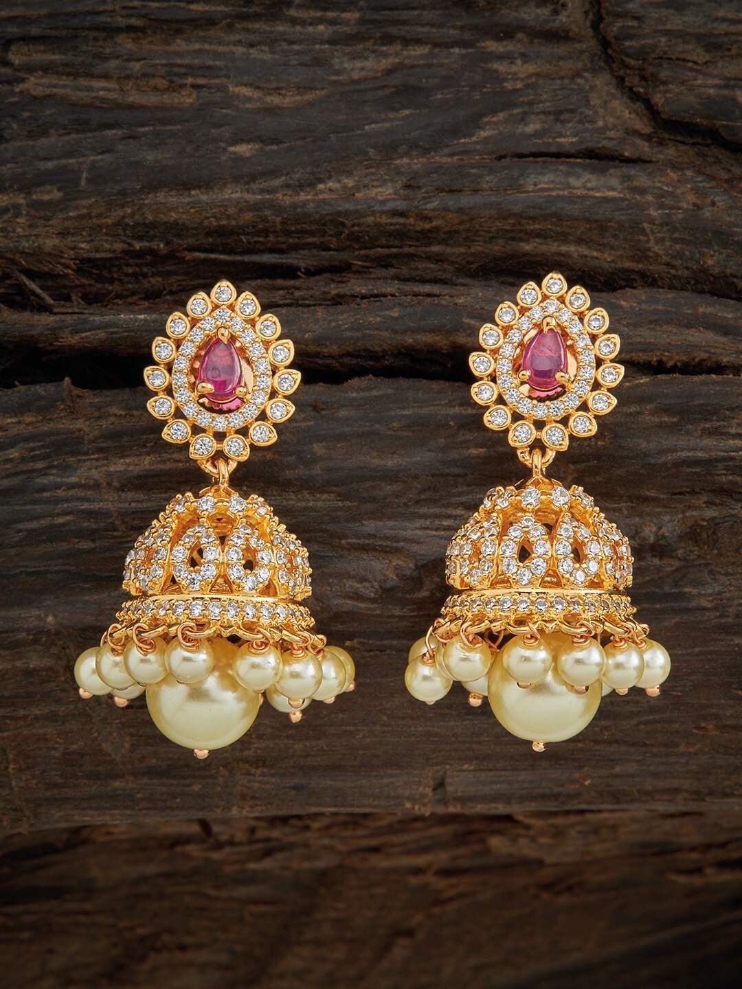 

Kushal's Fashion Jewellery Pink & White Dome Shaped Jhumkas Earrings