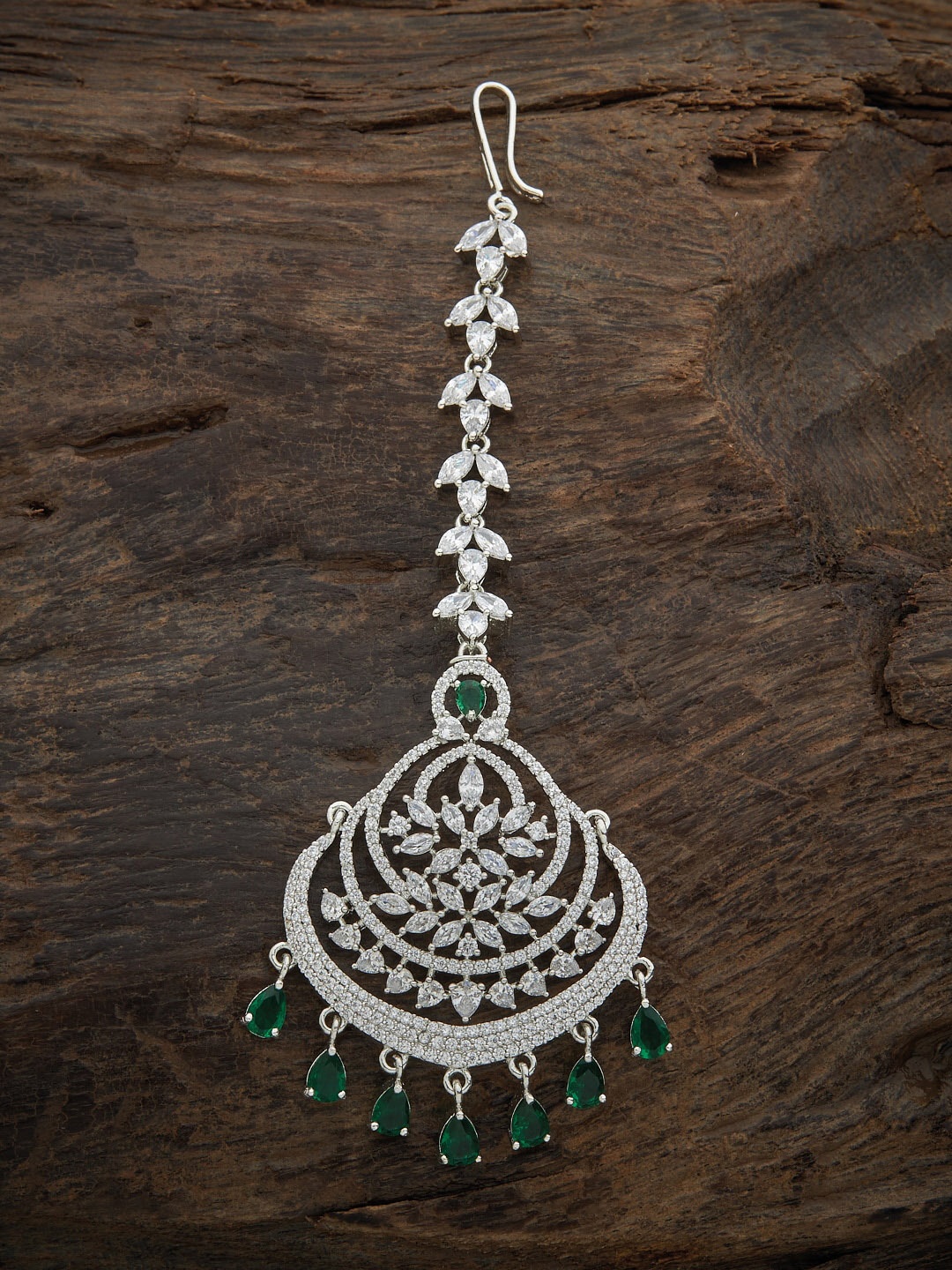 

Kushal's Fashion Jewellery Women Green & White Stone Studded & Beaded Maangtika, Silver