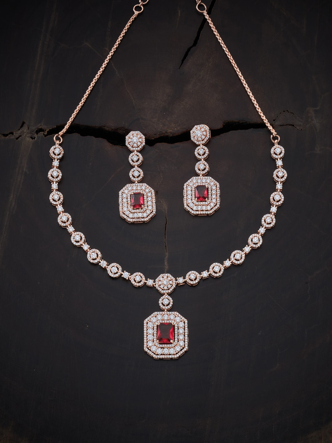 

Kushal's Fashion Jewellery Rose Gold-Plated Red & White CZ Stone-Studded Jewellery Set