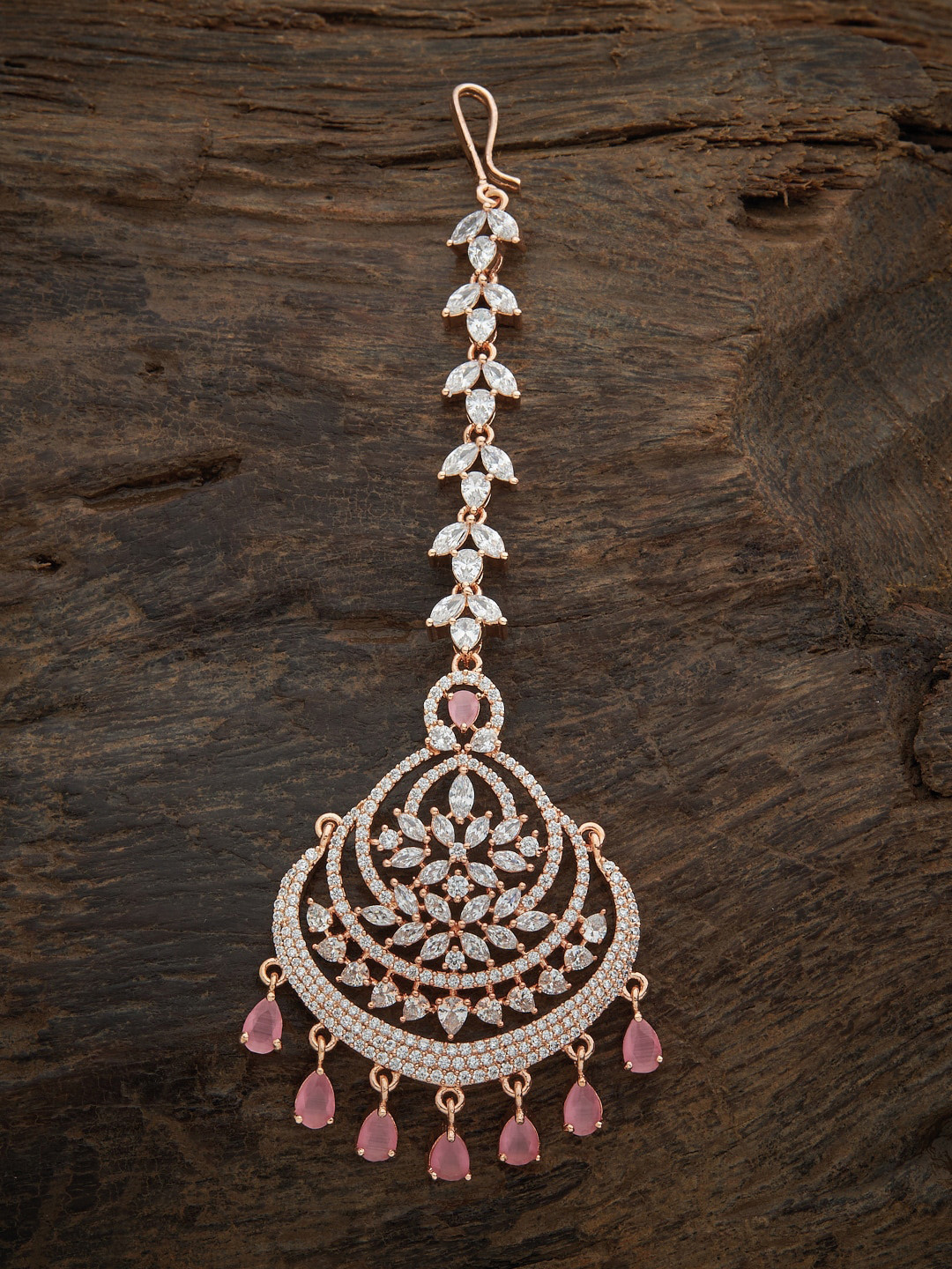

Kushal's Fashion Jewellery Women Rose Gold-Plated & White Stone Studded & Beaded Maangtika