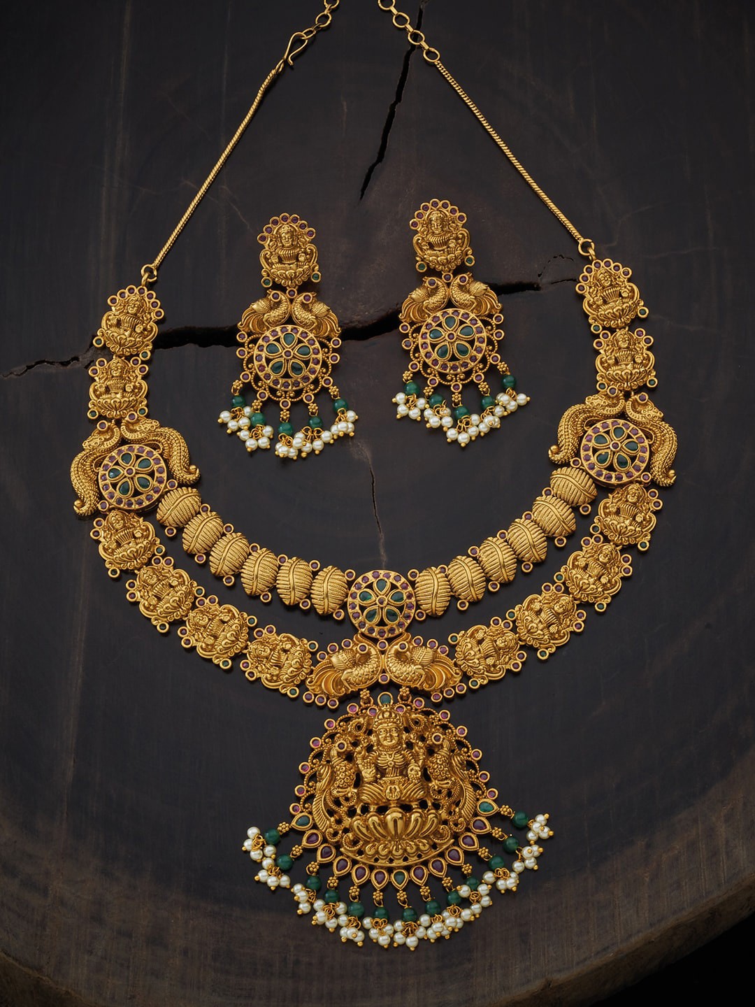 

Kushal's Fashion Jewellery Copper-Plated Green Stone-Studded & Beaded Jewellery Set, Gold