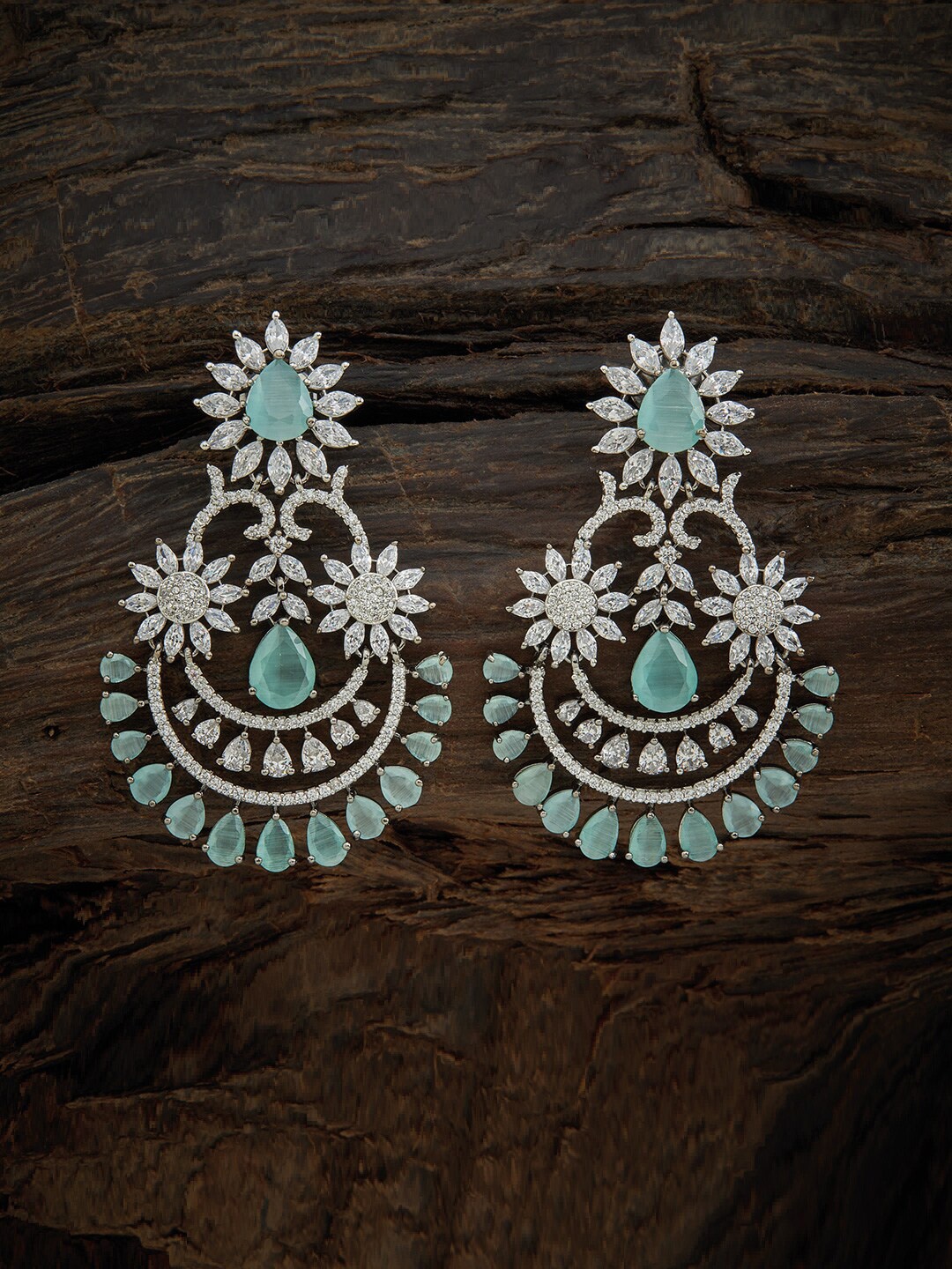 

Kushal's Fashion Jewellery Sea Green & White CZ Studded Crescent Shaped Chandbalis