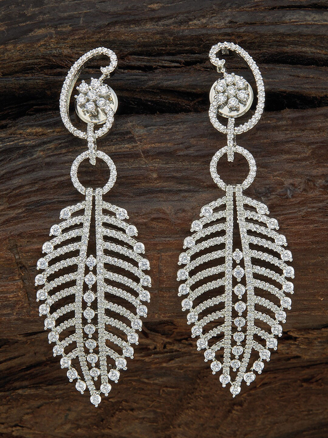 

Kushal's Fashion Jewellery White Rhodium Plated CZ Studded Leaf Shaped Drop Earrings