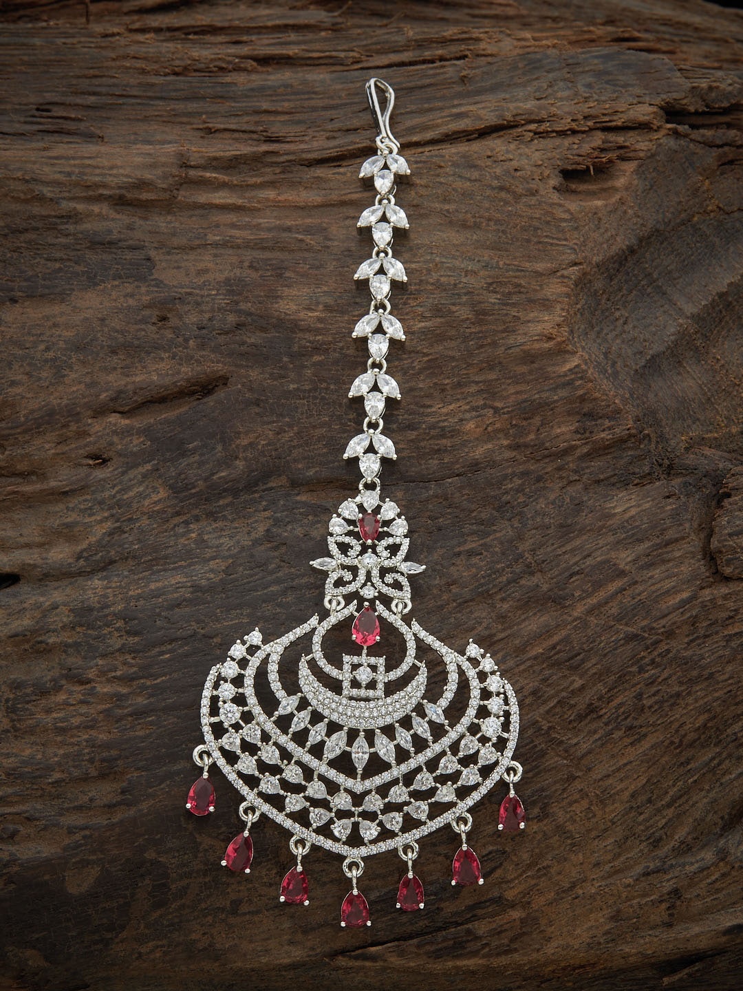 

Kushal's Fashion Jewellery Rhodium-Plated & Red CZ-Studded Maang Tikka, Silver