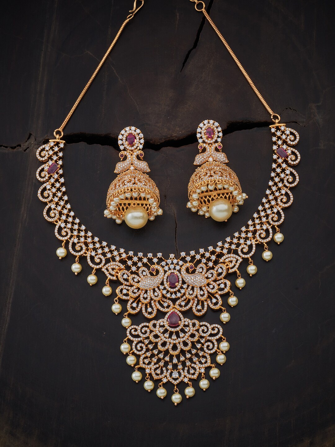 

Kushal's Fashion Jewellery Gold-Plated White CZ Stone-Studded Jewellery Set