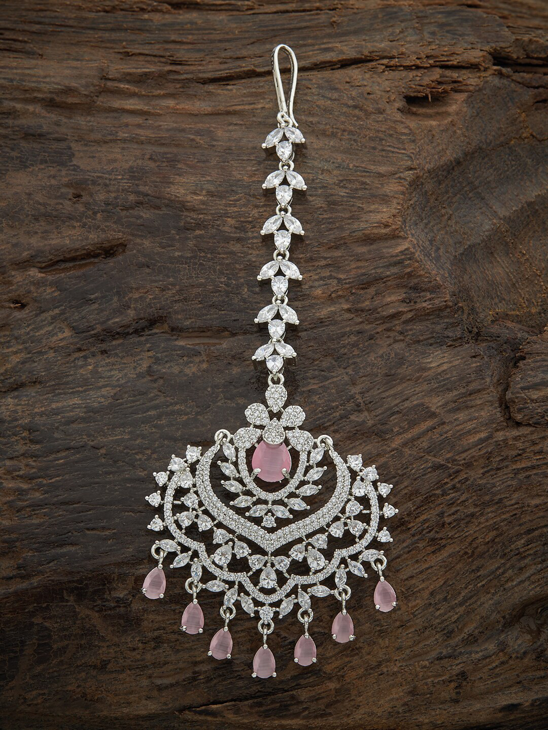 

Kushal's Fashion Jewellery Women Rhodium Plated & Pink Artificial Stone Maang Tikka, Silver