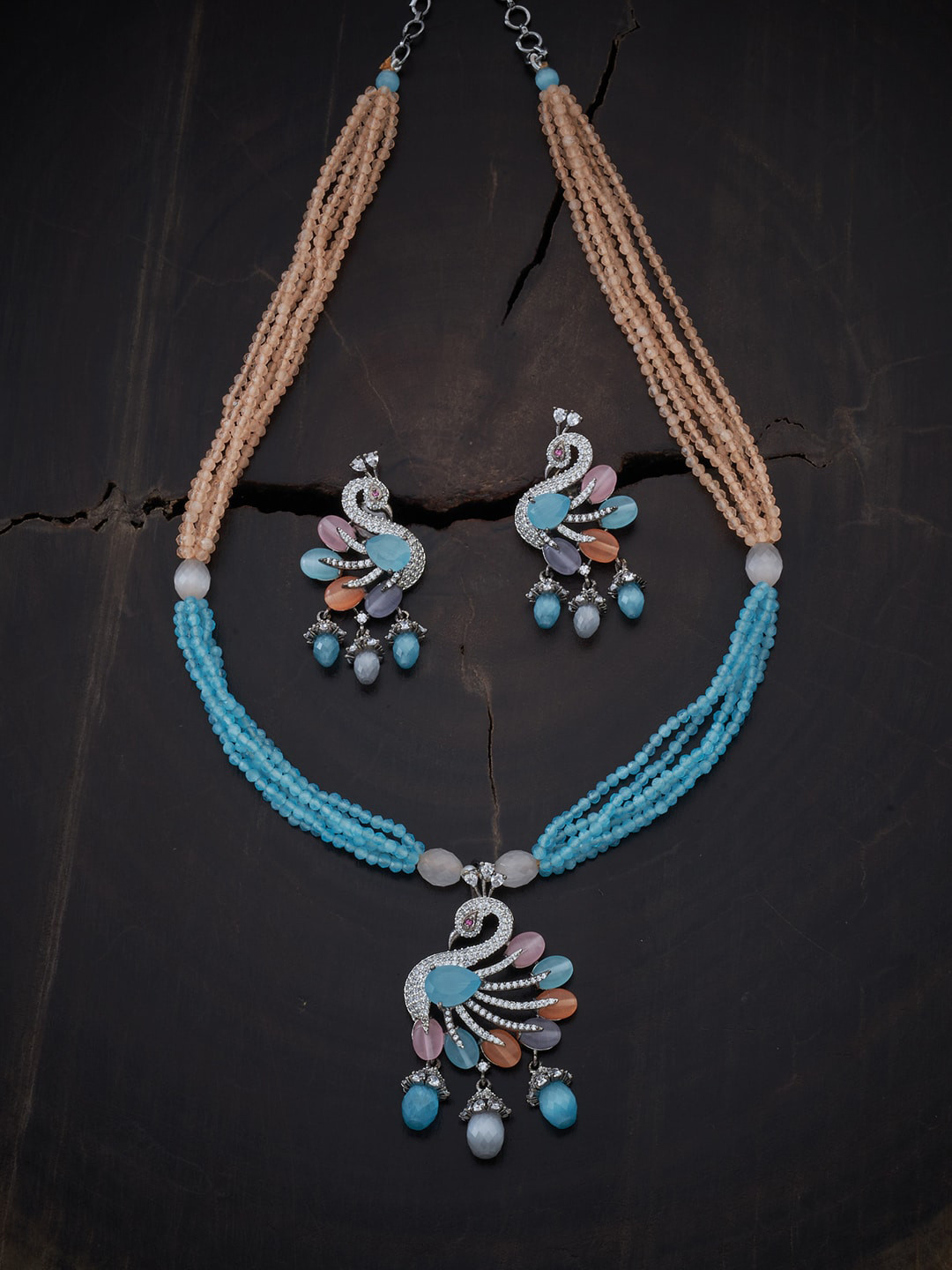 

Kushal's Fashion Jewellery Women Rhodium-Plated Blue & Orange CZ-Studded Jewellery Set