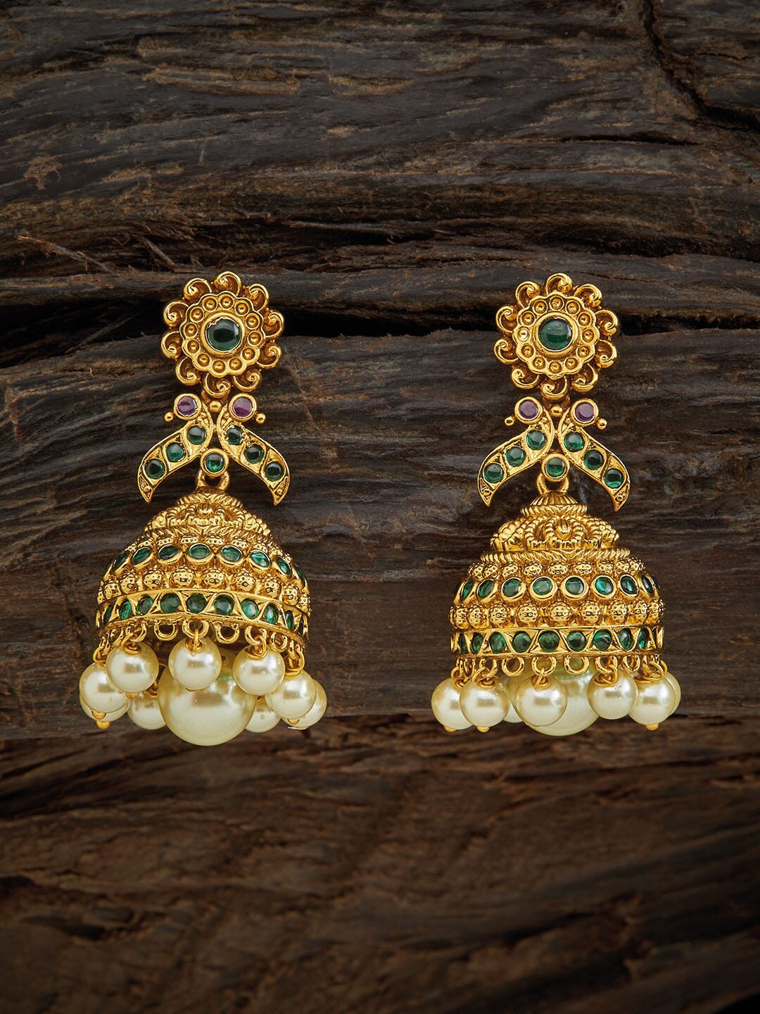 

Kushal's Fashion Jewellery Gold-Toned & Green Dome Shaped Jhumkas Earrings