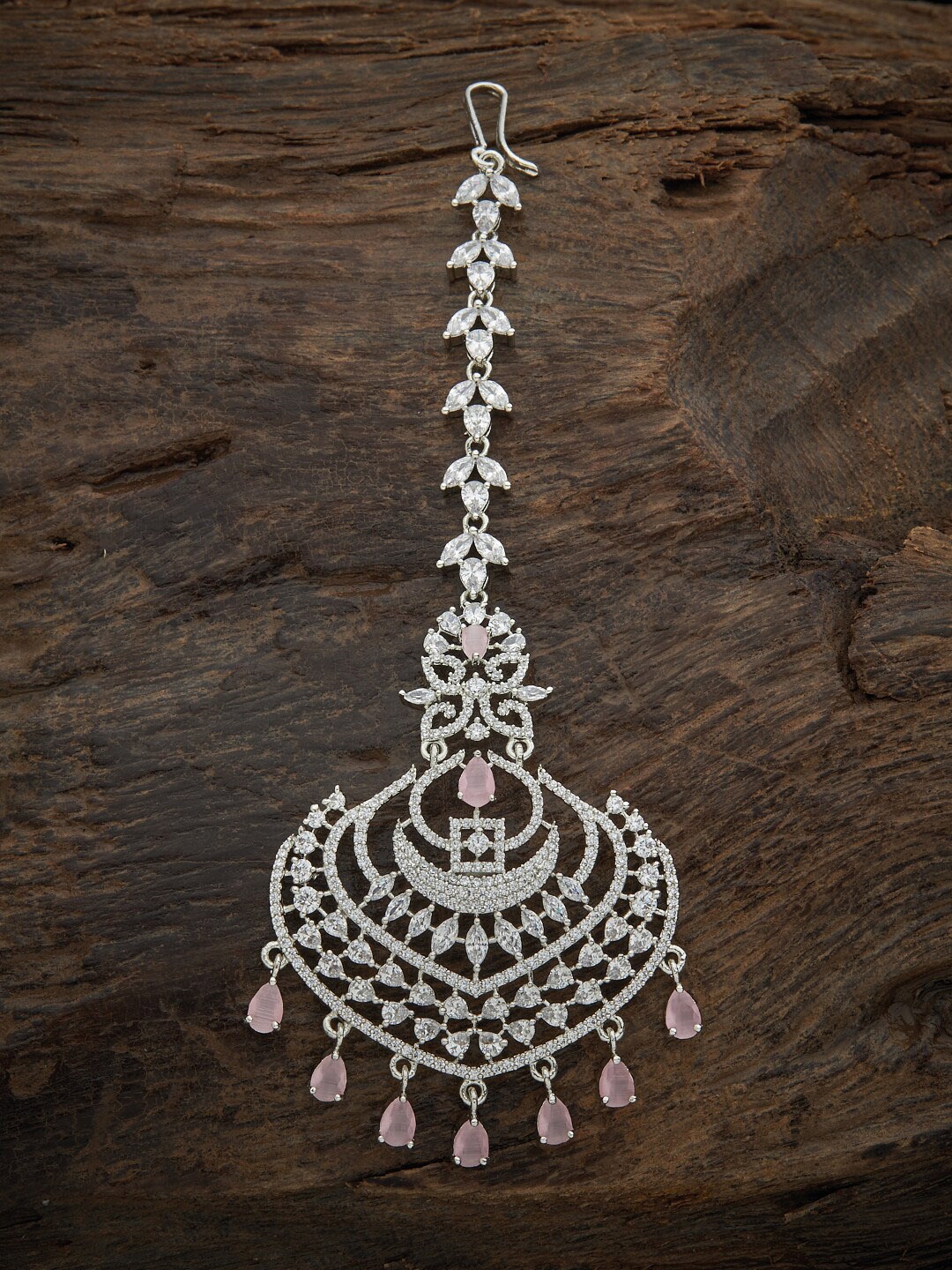 

Kushal's Fashion Jewellery Pink & White Rhodium-Plated Stone Studded & Beaded Maangtika, Silver