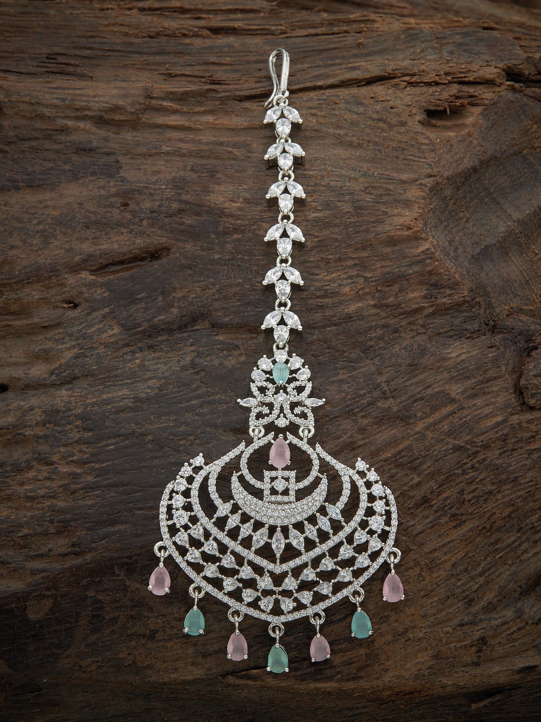 

Kushal's Fashion Jewellery Rhodium-Plated Pink & Sea-Green CZ-Studded Maangtika