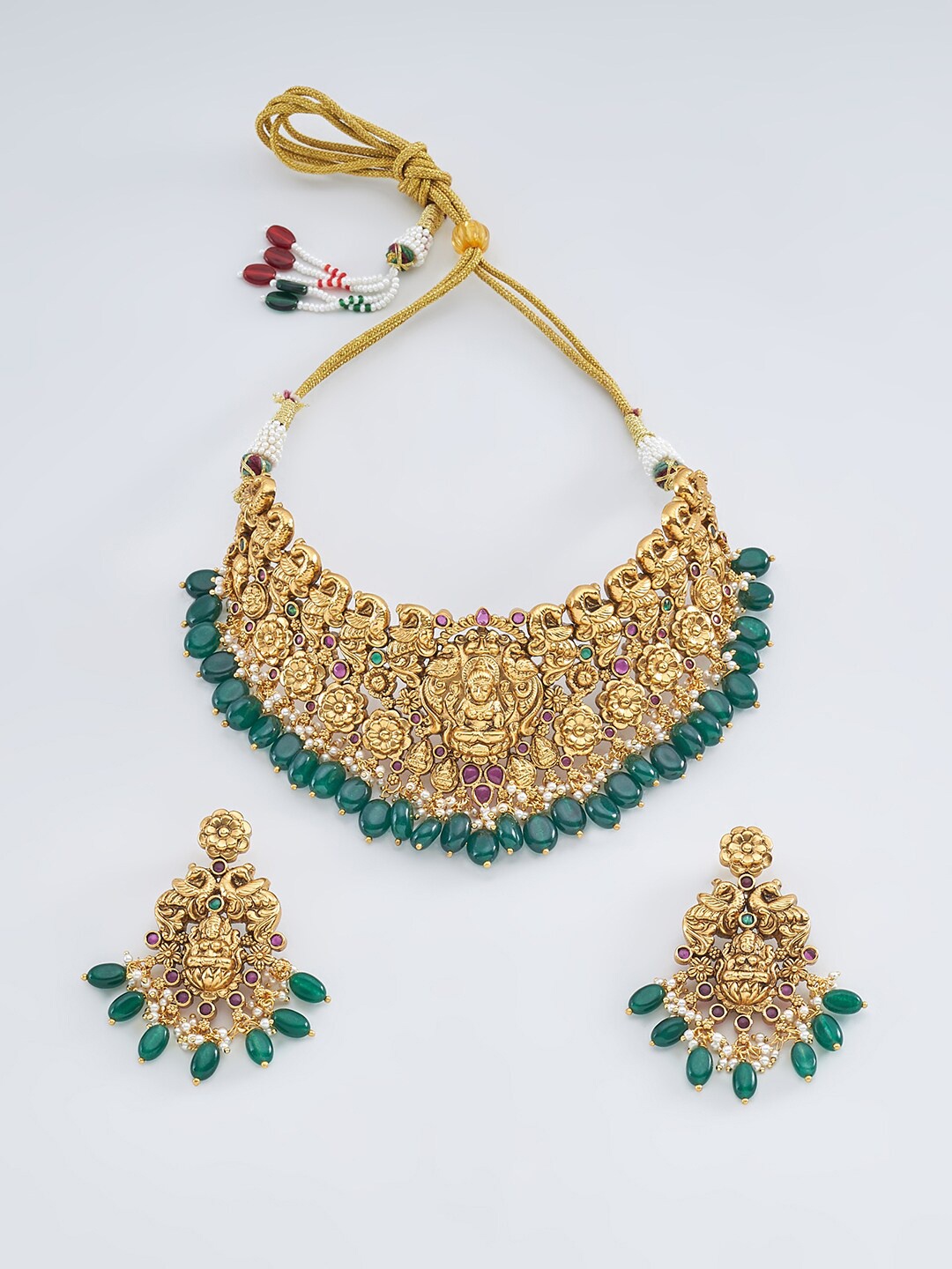 

Kushal's Fashion Jewellery Gold-Plated Gold-Toned Stone Studded & Beaded Temple Jewellery Set, Red
