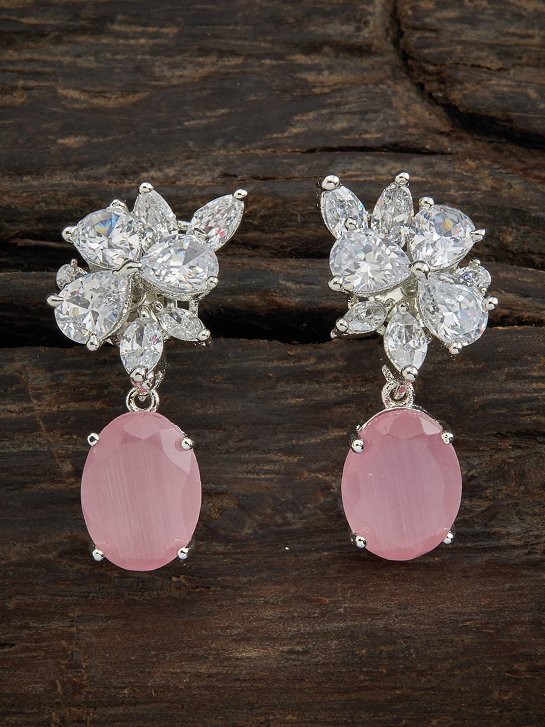 

Kushal's Fashion Jewellery Women Pink Floral Rhodium-Plated Cubic Zirconia Studs Earrings