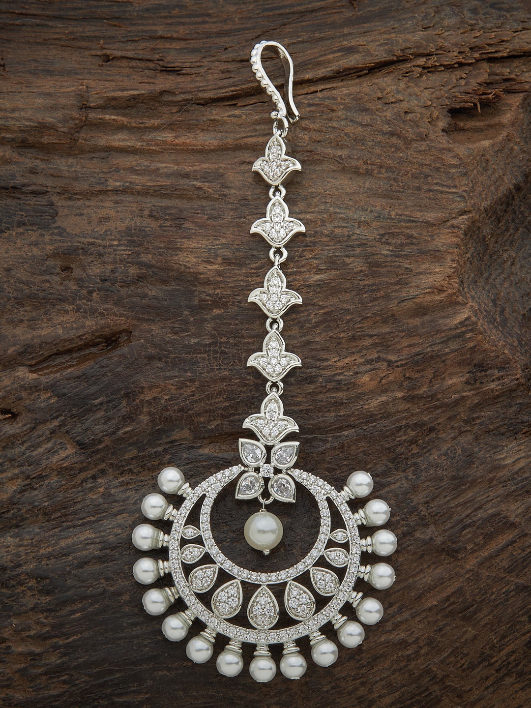 

Kushal's Fashion Jewellery Rhodium-Plated Silver-Toned White Stone-Studded & Pearl Beaded Maangtika