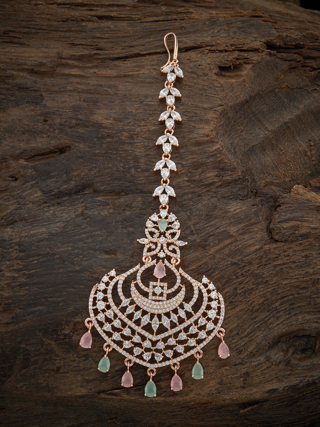 

Kushal's Fashion Jewellery Rose Gold-Plated White & Pink Stone Studded & Beaded Maangtika