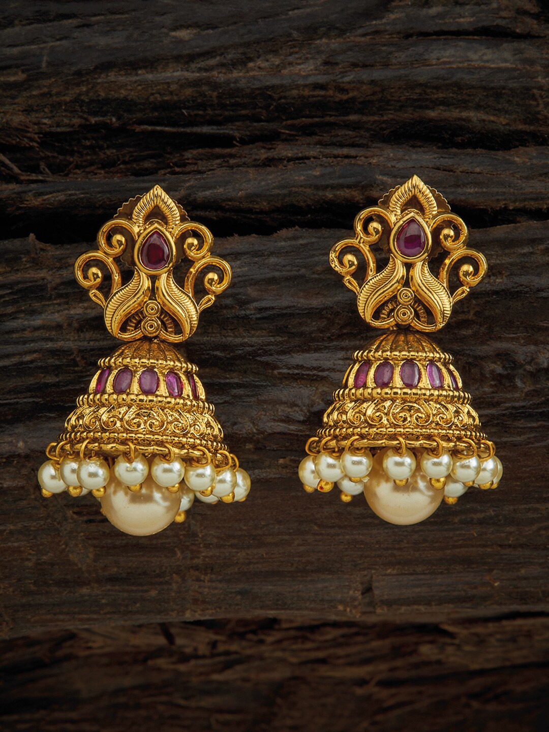 

Kushal's Fashion Jewellery Red & Gold-Plated Classic Antique Jhumkas Earrings