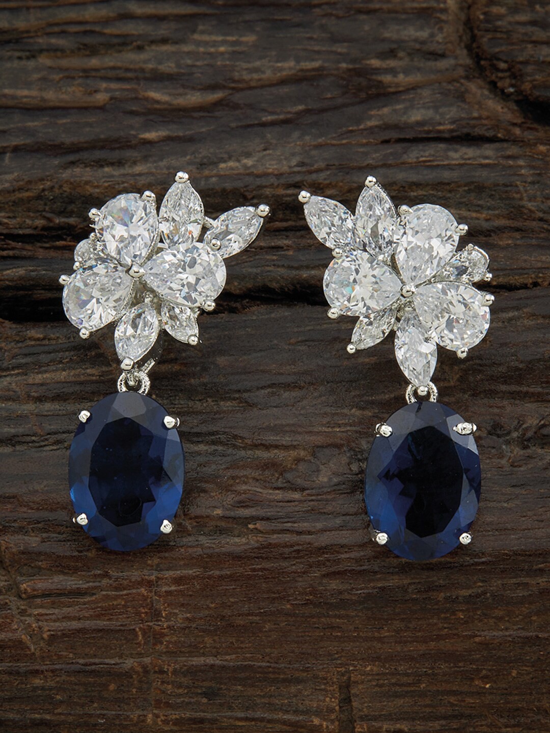 

Kushal's Fashion Jewellery Women Blue Floral Rhodium Plated CZ Drop Earrings