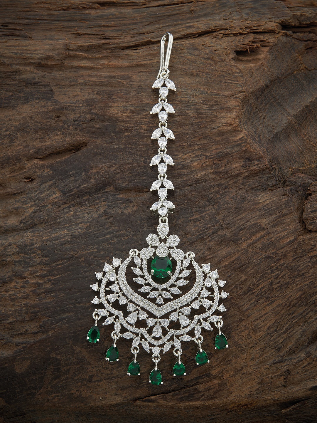 

Kushal's Fashion Jewellery Rhodium-Plated Green CZ Studded Maang Tikka, Silver