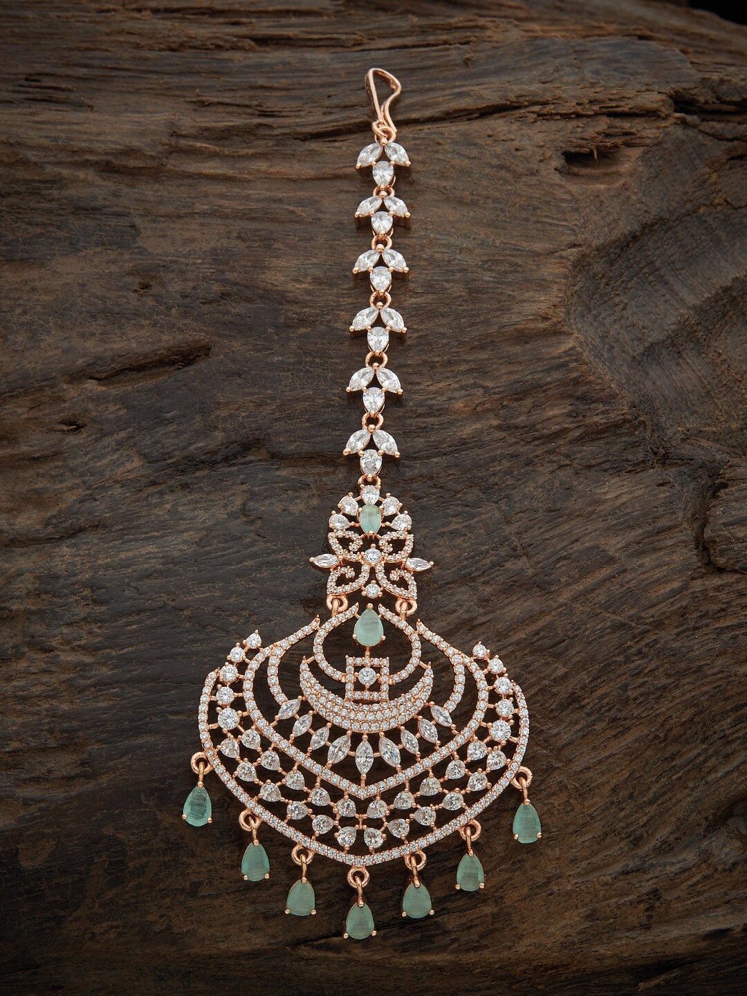 

Kushal's Fashion Jewellery Rose Gold-Plated & Sea Green Stone Studded Maang Tikka