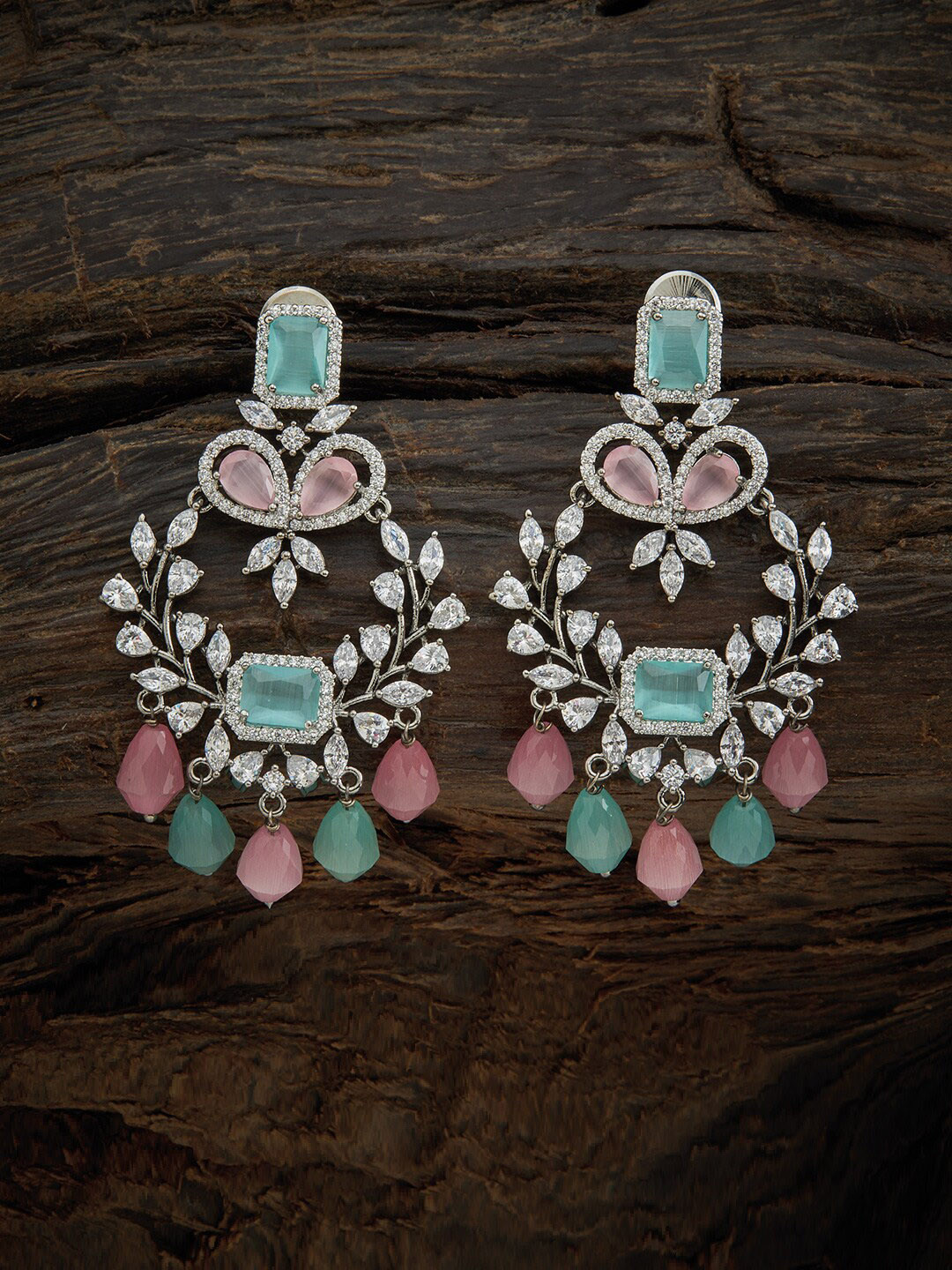 

Kushal's Fashion Jewellery Pink & Sea Green Zircon Crescent Shaped Chandbalis Earrings