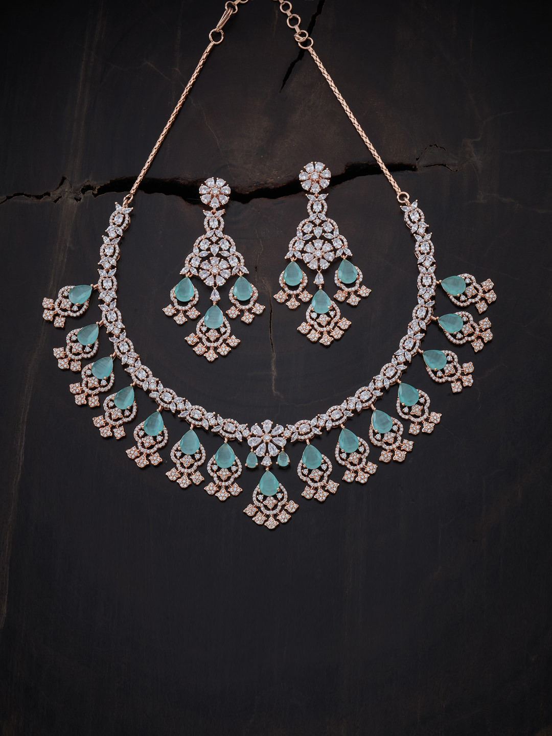 

Kushal's Fashion Jewellery Rose Gold-Plated Rose Gold-Toned Sea Green CZ Studded Jewellery Set, Silver