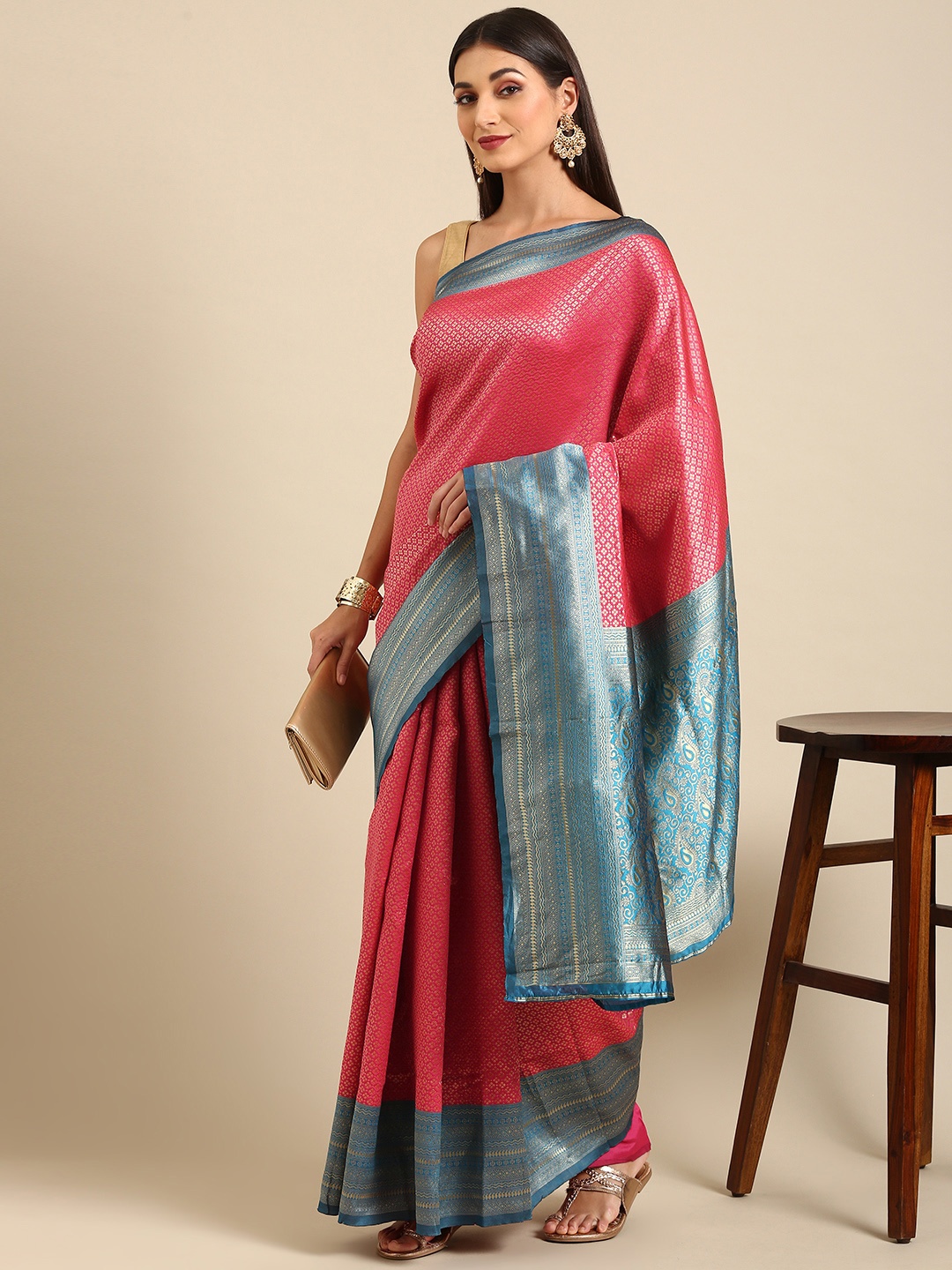 

Anouk Red & Teal Woven Design Silk Blend Kanjeevaram Saree