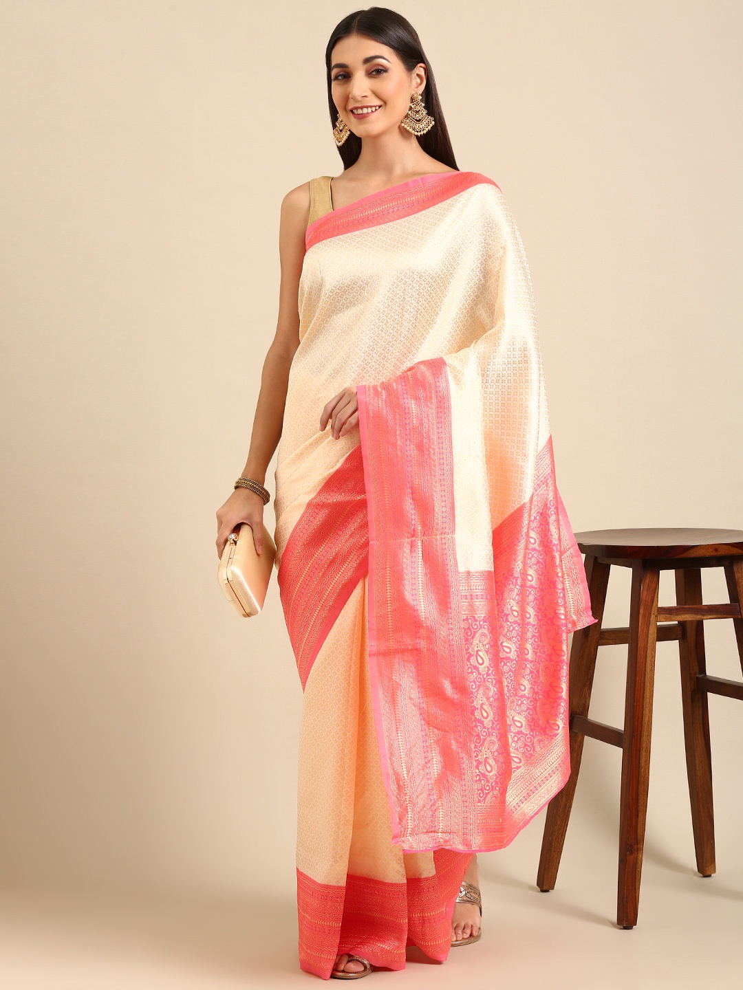 

Anouk Cream-Coloured & Red Woven Design Silk Blend Kanjeevaram Saree