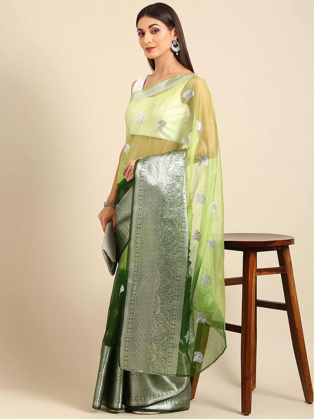 

Anouk Green Woven Design Tissue Saree