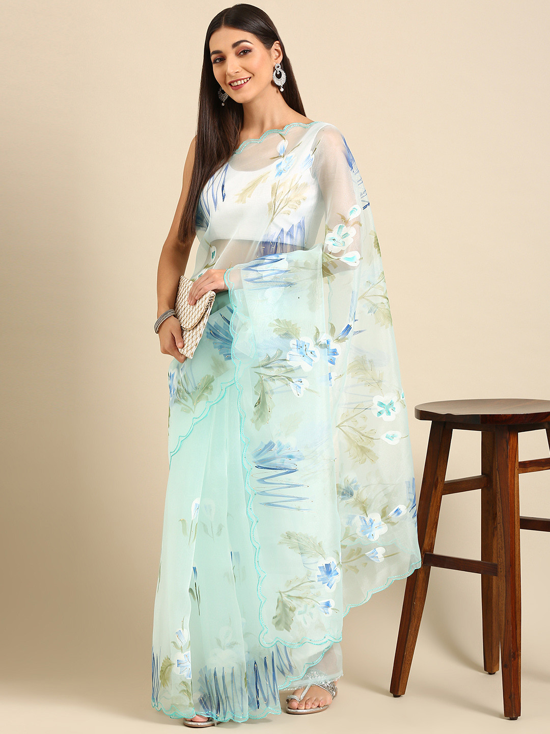 

Anouk Turquoise Blue Floral Organza Saree