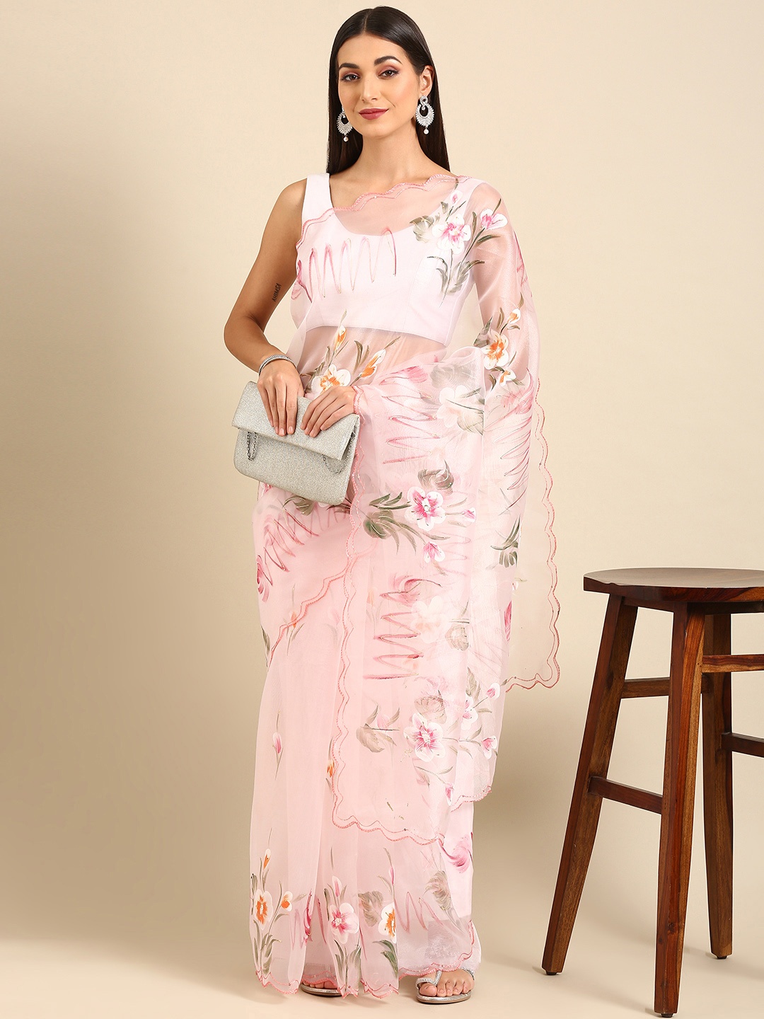 

Anouk Pink Floral Organza Saree
