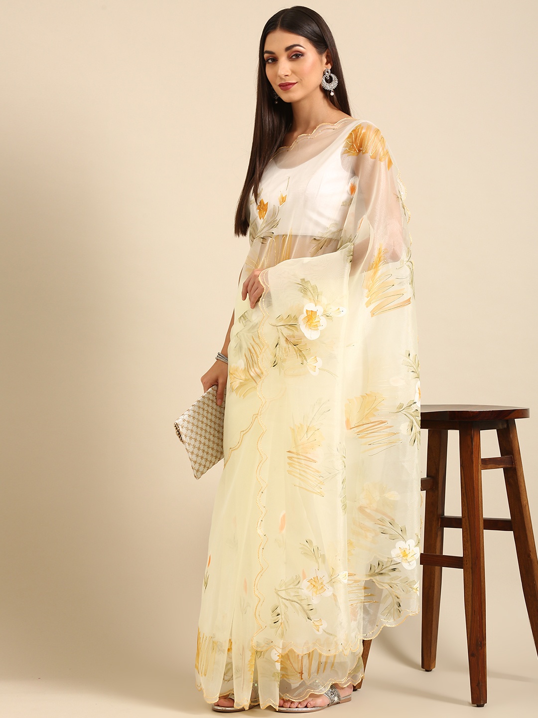 

Anouk Yellow Floral Organza Saree