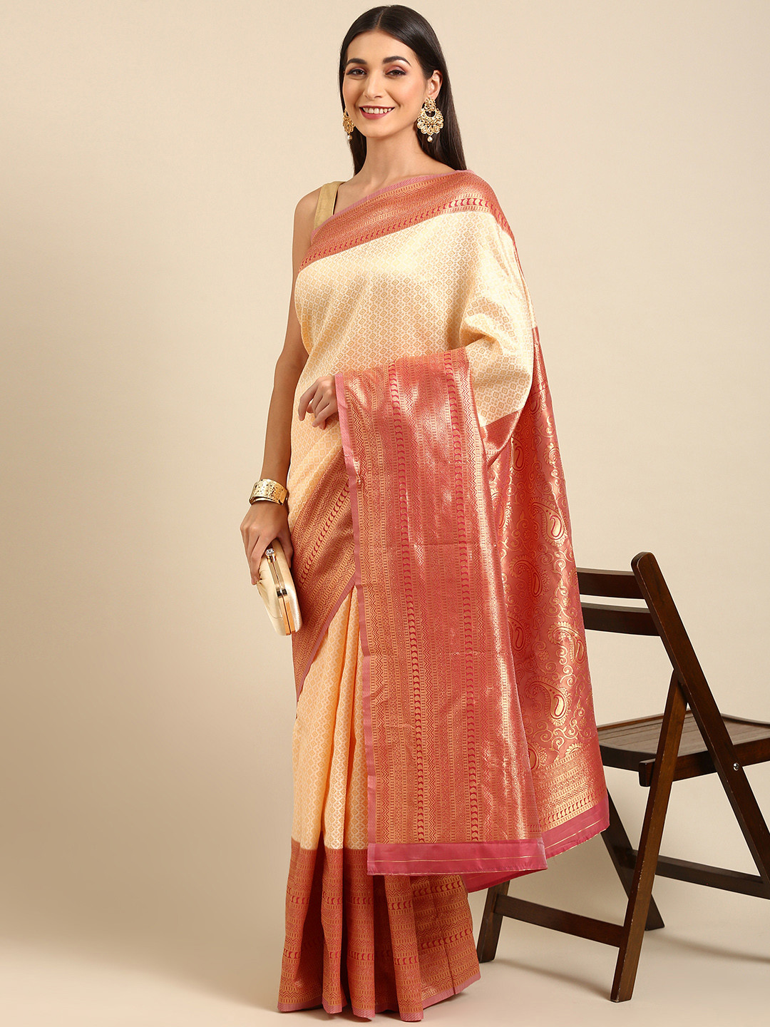 

Anouk Cream-Coloured & Maroon Woven Design Silk Blend Kanjeevaram Saree
