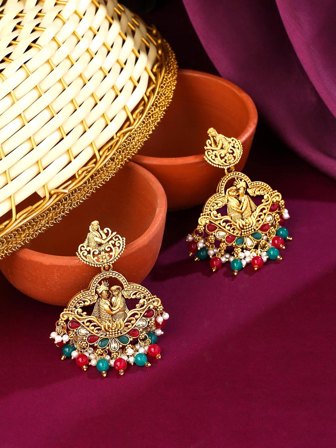 

Yellow Chimes Gold-Plated Red & Green Beads Studded Temple Design Earring