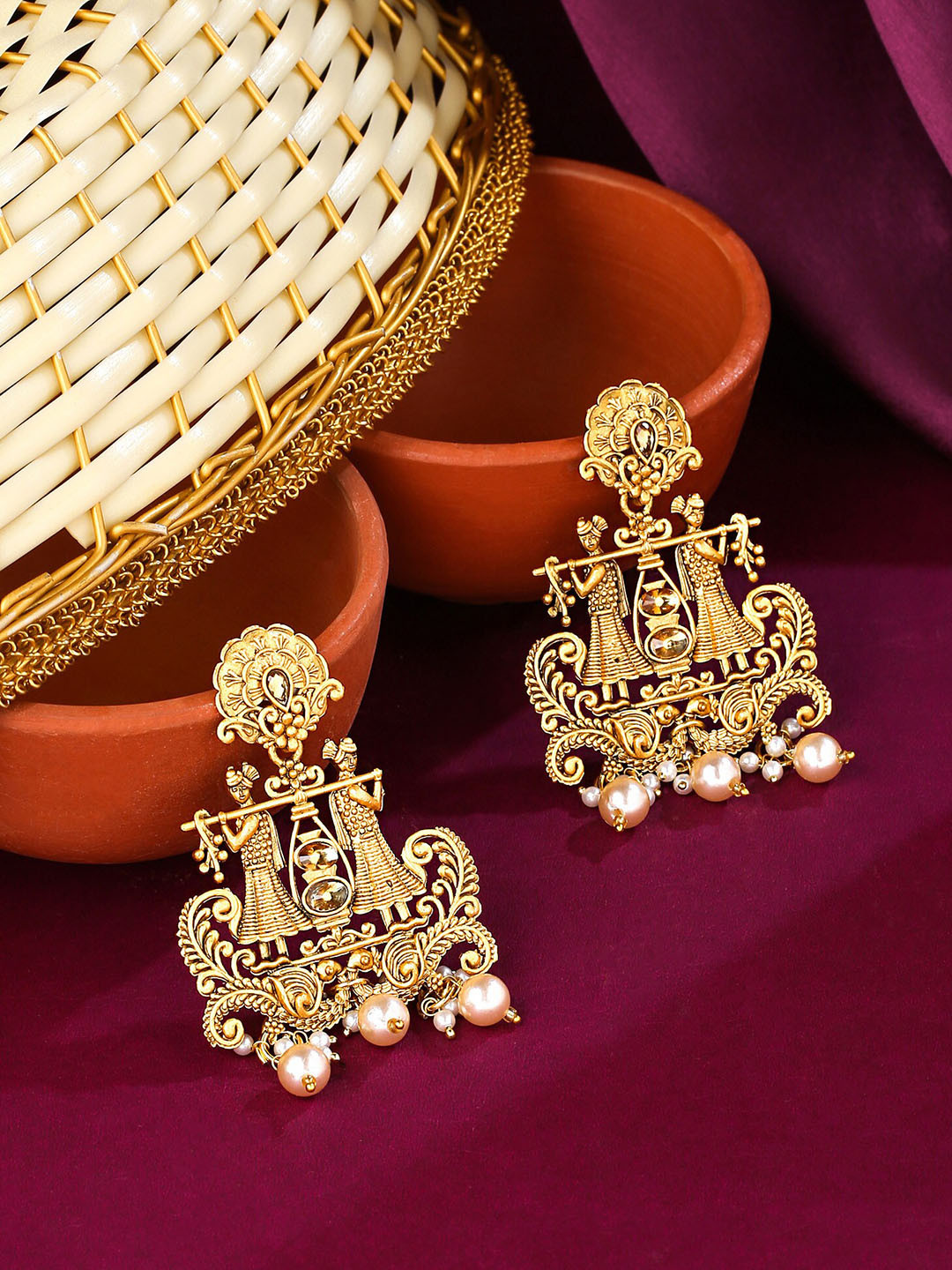 

Yellow Chimes Gold-Toned White Beads Studded Temple Design Earring