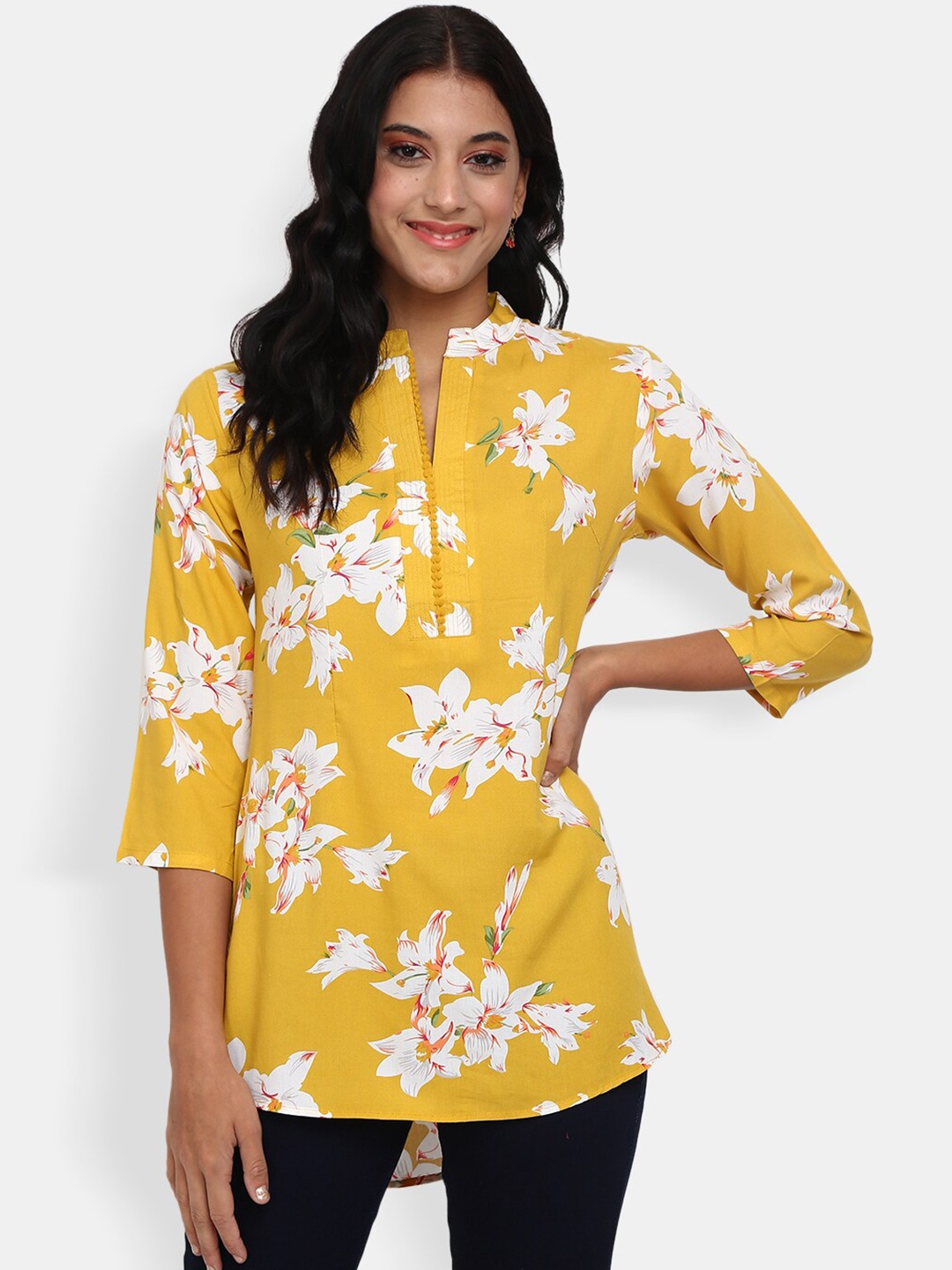 

V-Mart Mustard Yellow & White Floral Print Mandarin Collar Top