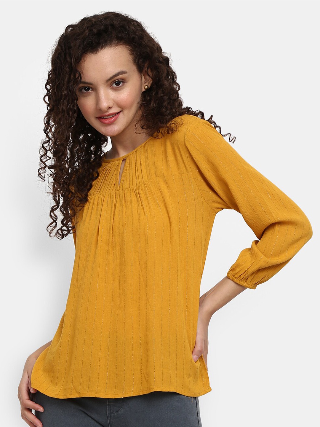 

V-Mart Women Mustard Yellow Solid Keyhole Neck Top