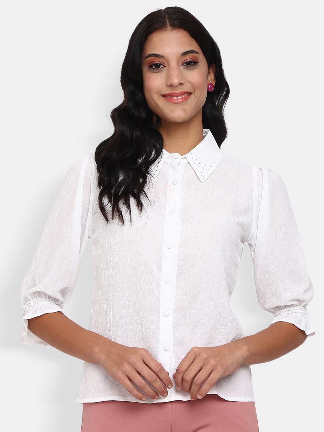 

V-Mart Women White Georgette Shirt Style Top