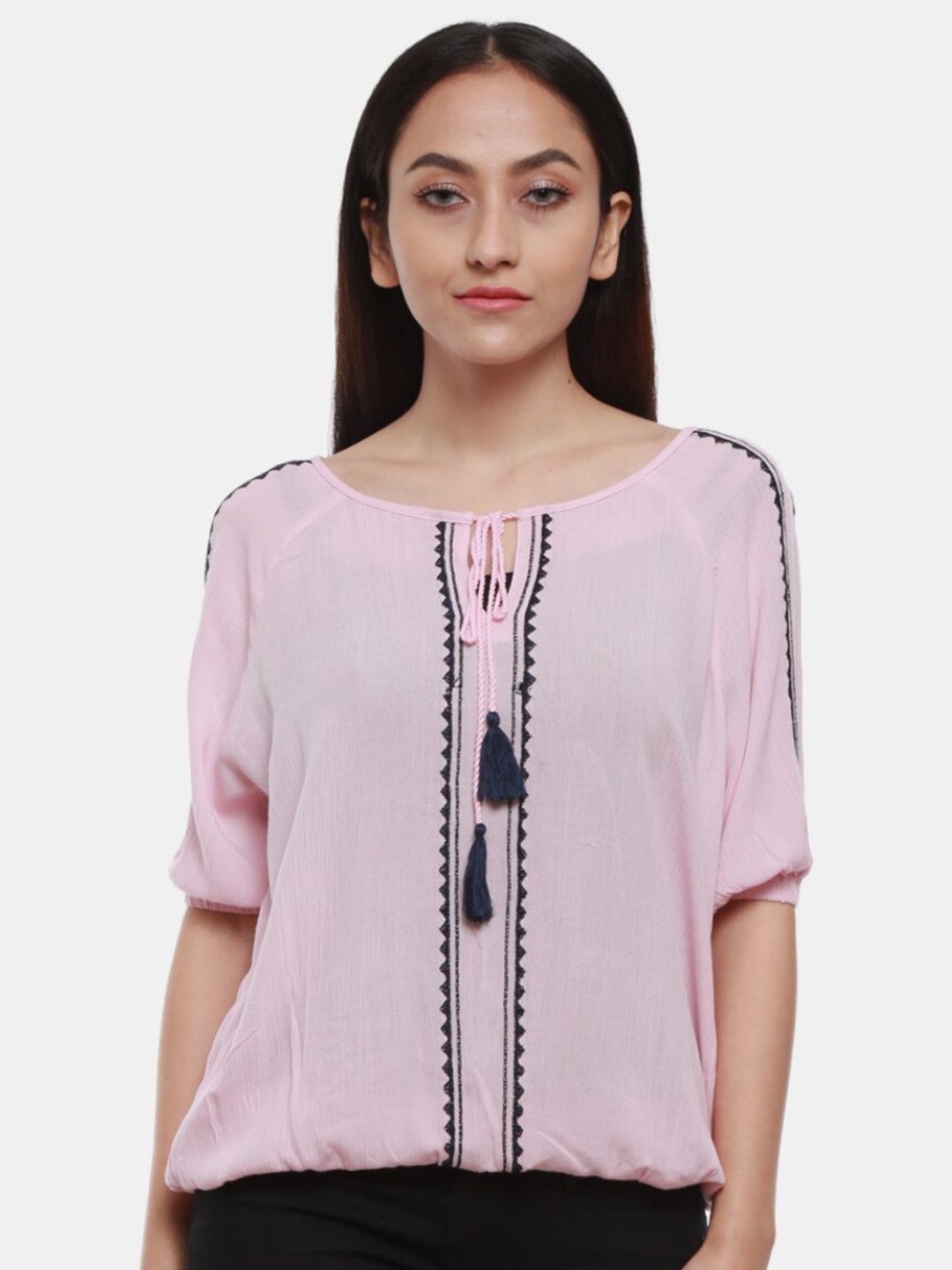 

V-Mart Pink & Navy Blue Tie-Up Neck Blouson Top
