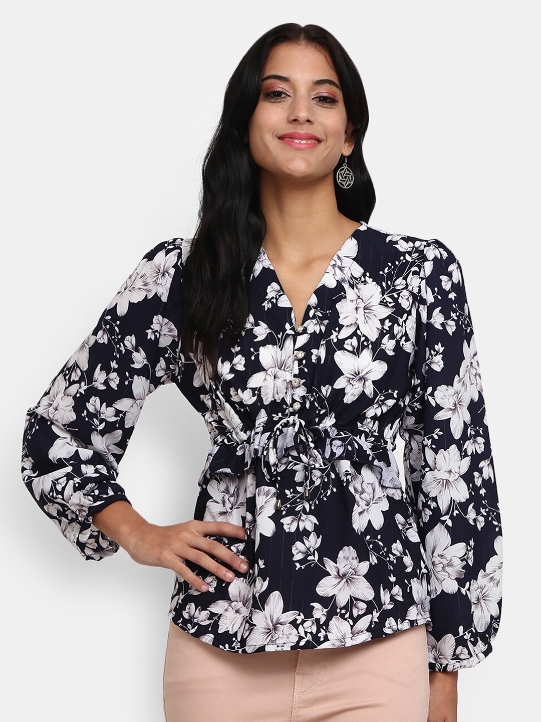 

V-Mart Navy Blue & White Floral Print Pure Cotton Top