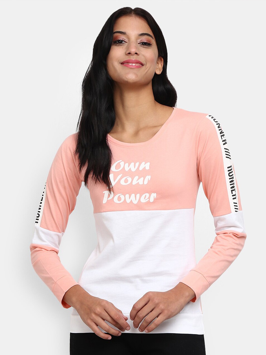 

V-Mart Women Peach-Colored & White Colourblocked & Typography Printed Pure Cotton Top