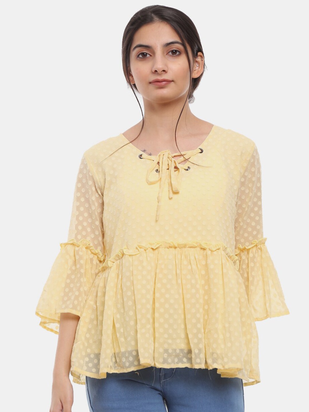 

V-Mart Women Yellow Tie-Up Neck Bell Sleeves Top