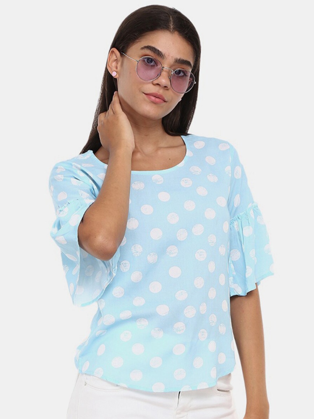 

V-Mart Blue & White Polka Dot Print Top